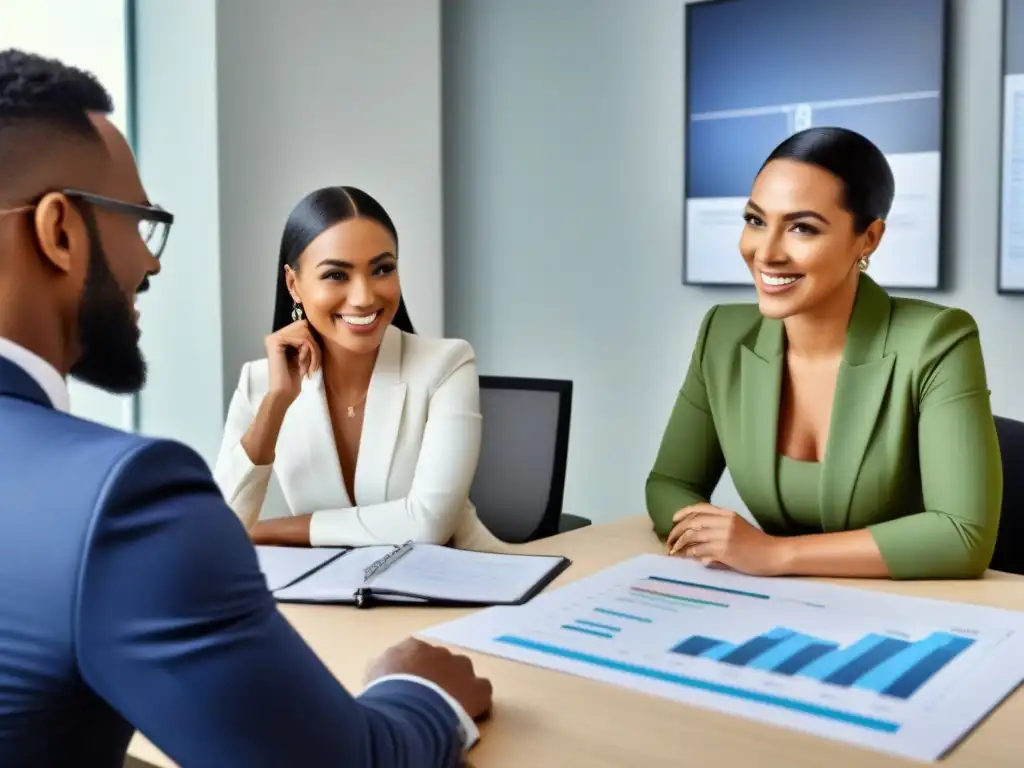 Asesoría financiera profesional para comprar casa Una asesora financiera escucha atentamente a una pareja negra joven en una oficina elegante y luminosa