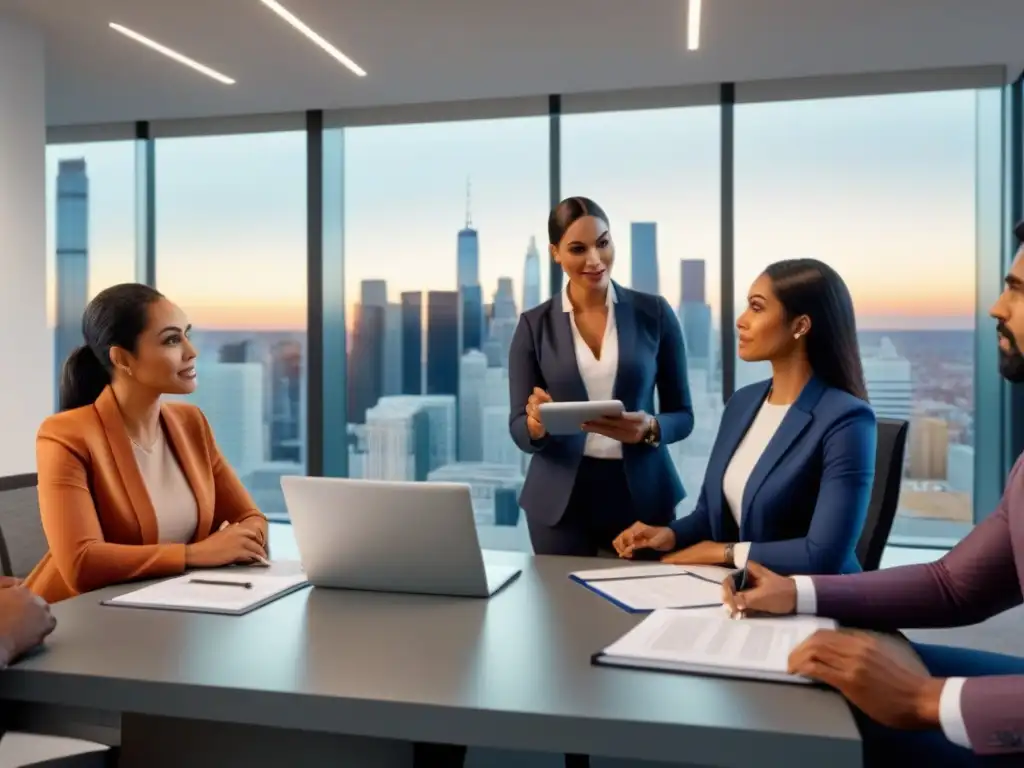 Conversación de seguro de propiedad inclusiva en oficina moderna Una asesora de seguros muestra una póliza completa a propietarios diversos en una oficina moderna y acogedora