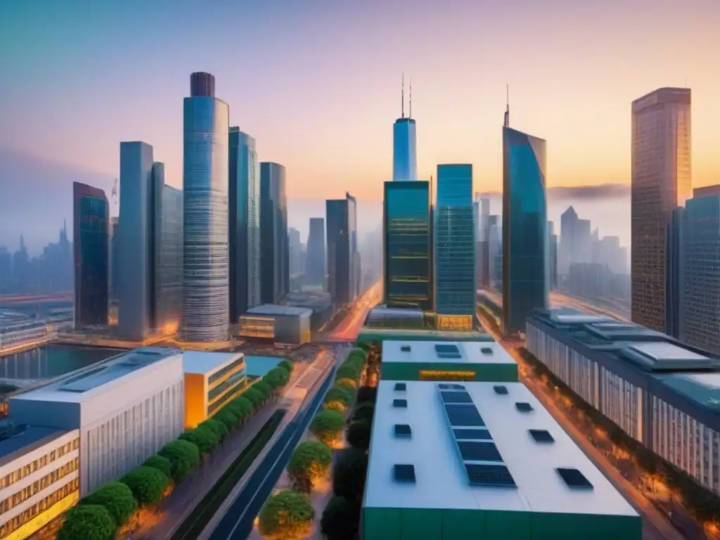 Metrópolis dorada: ciudad futurista en armonía con la naturaleza Un atardecer en la bulliciosa ciudad, con rascacielos modernos iluminados por el sol