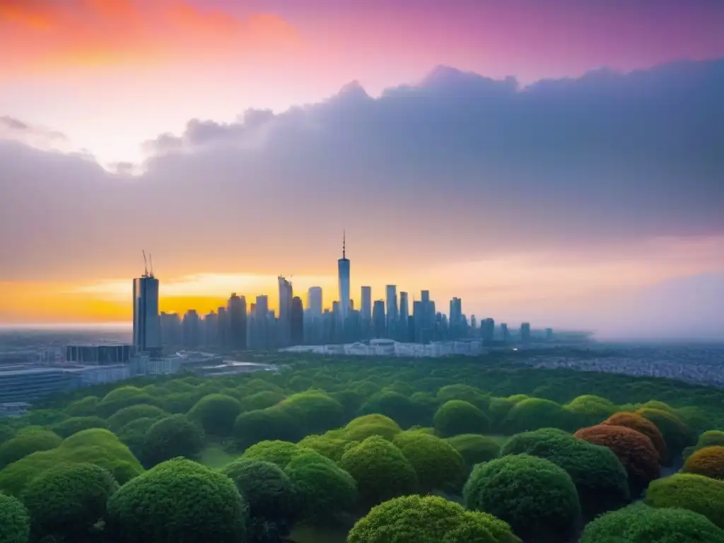 Horizonte urbano al atardecer: progreso económico y diversidad urbana Un atardecer cálido en la ciudad, reflejos en rascacielos modernos y bullicio de calles y parques verdes