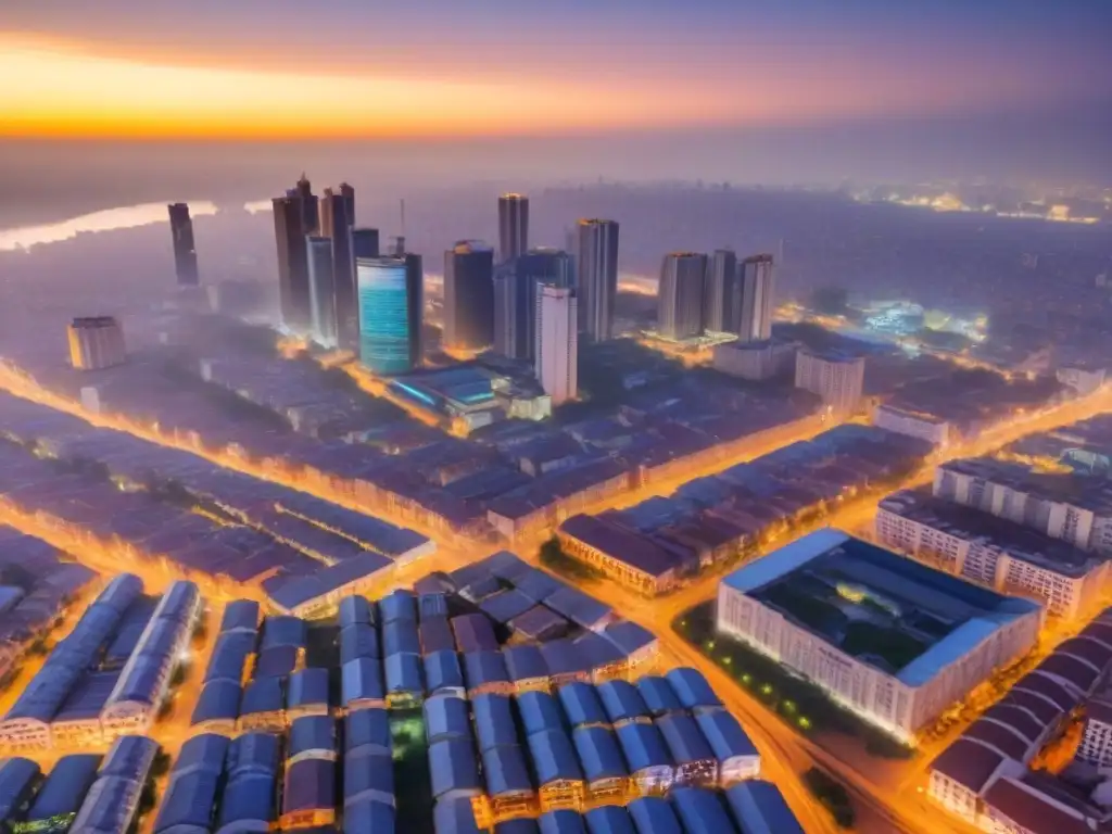 Vibrante ciudad africana: mezcla de modernidad y tradición Atardecer sobre ciudad africana: rascacielos, mercados tradicionales y vecindarios vibrantes
