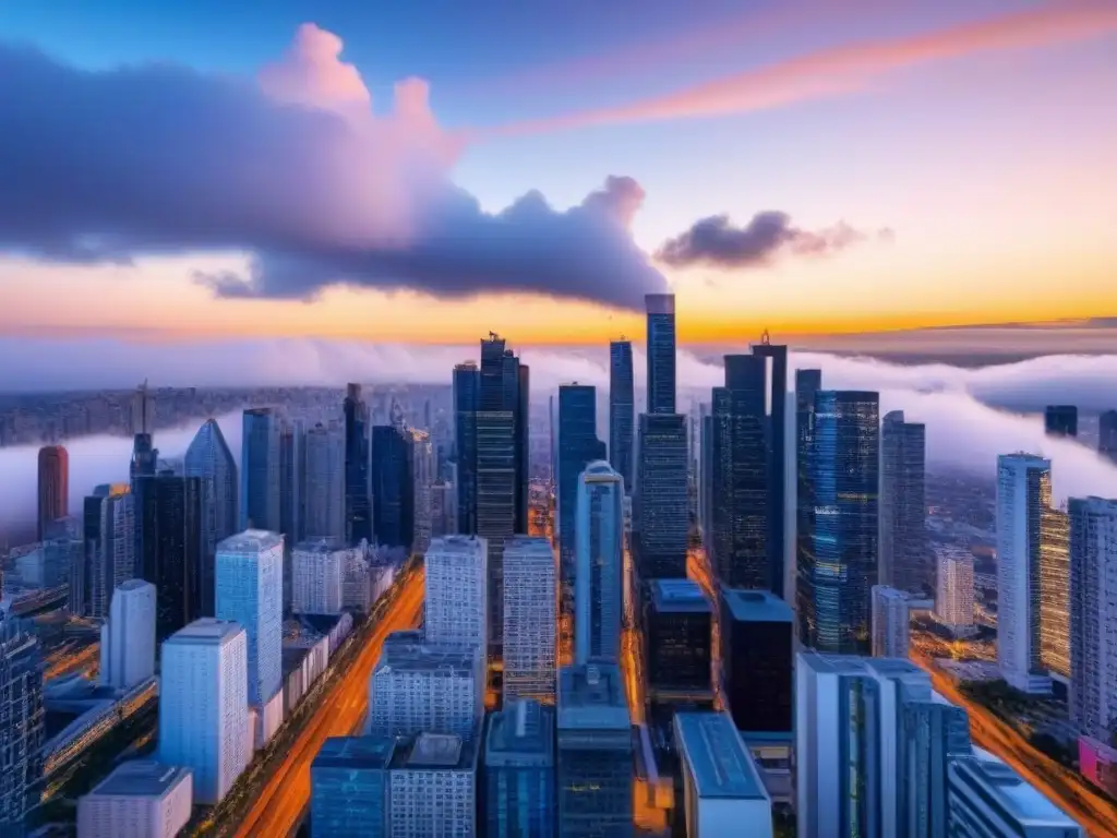 Espectacular skyline urbano al atardecer El atardecer en la ciudad moderna con rascacielos de cristal reflejando el sol, calles llenas de profesionales y un cielo azul