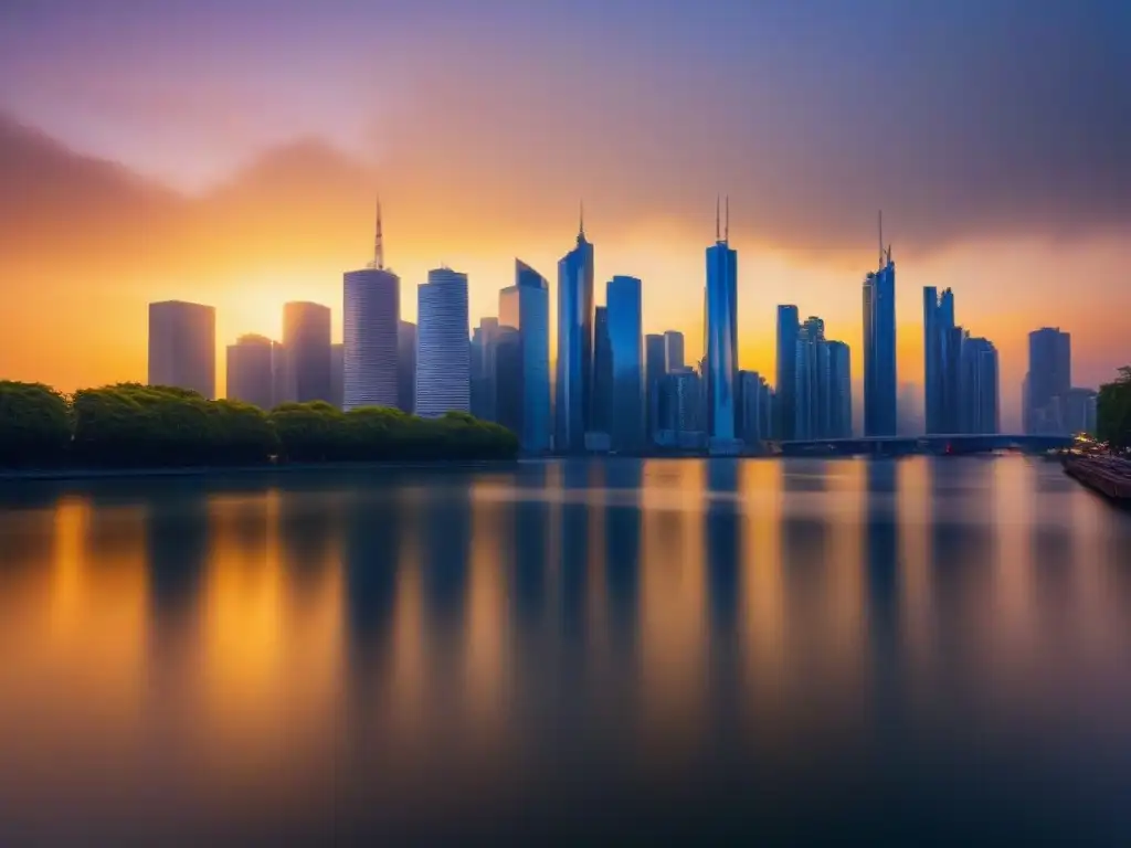 Horizonte urbano al atardecer: potencial en REITs Atardecer en la ciudad moderna, rascacielos reflejando tonos dorados del sol, simbolizando el potencial de crecimiento en los mejores REITs