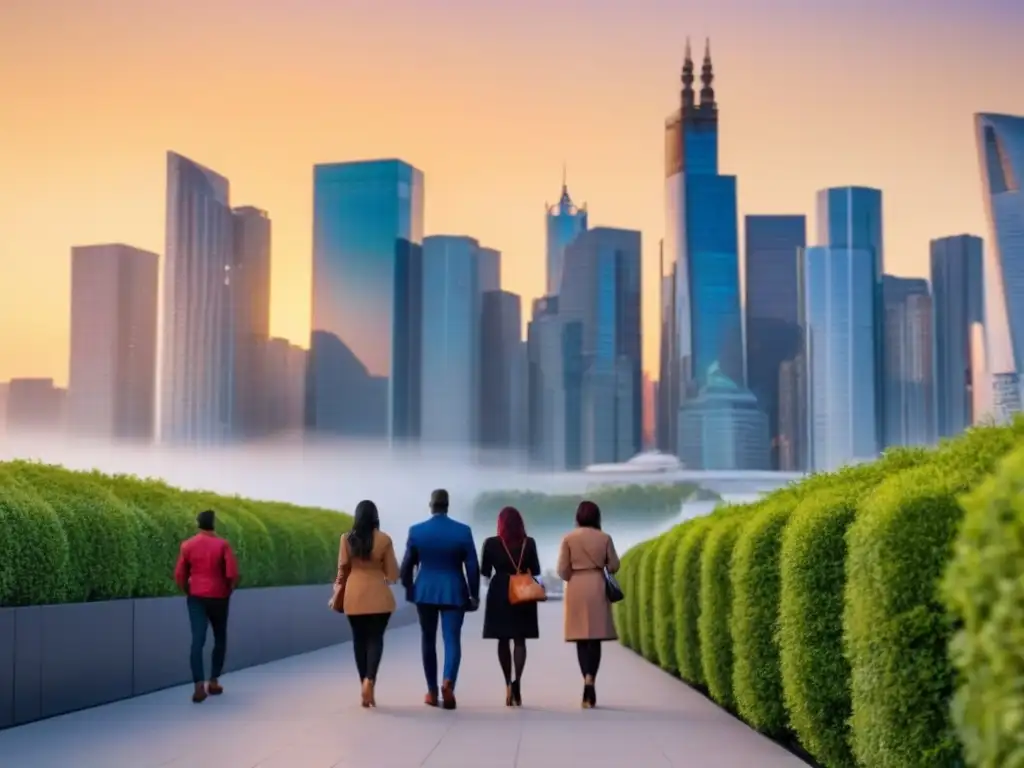 Avance inclusivo: diversidad en la ciudad al atardecer Atardecer en la ciudad: personas diversas caminan hacia edificios iluminados, simbolizando programas financiamiento minorías panorama inmobiliario
