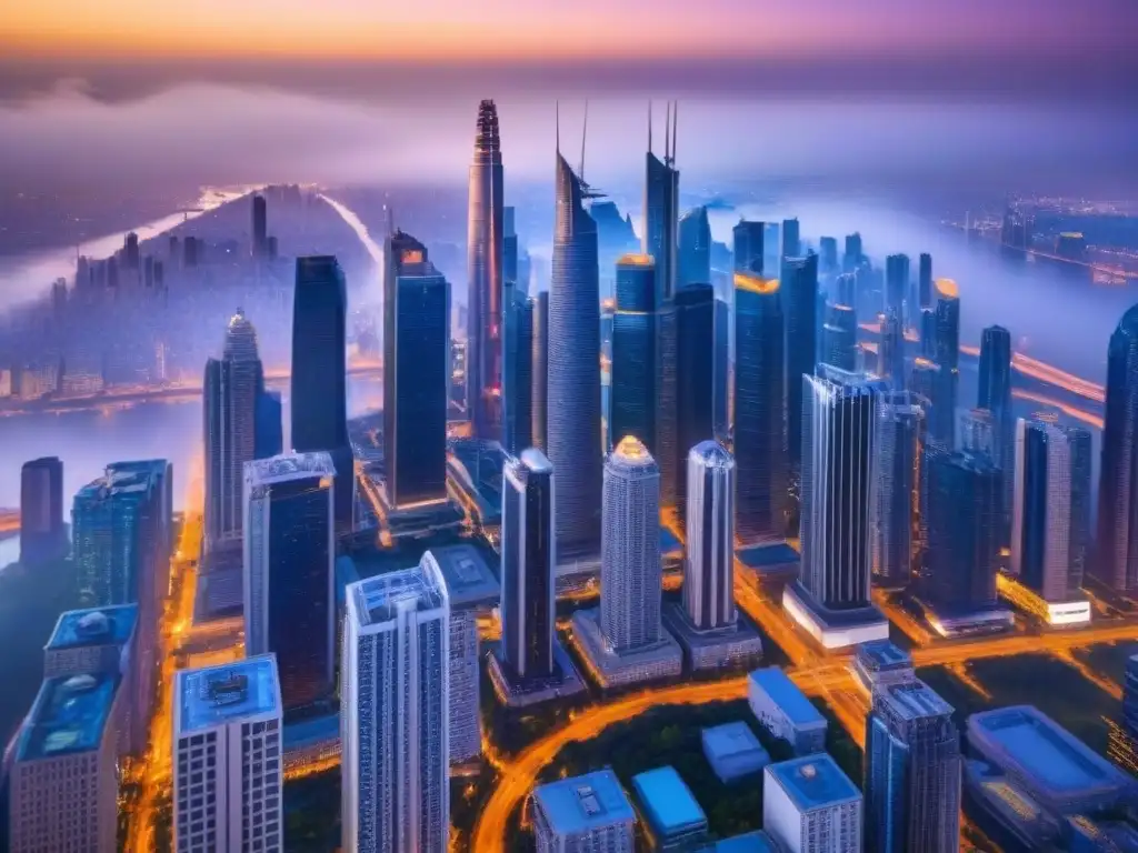 Horizonte urbano al atardecer: mezcla de modernidad y tradición Atardecer en la ciudad con rascacielos futuristas y luces brillantes