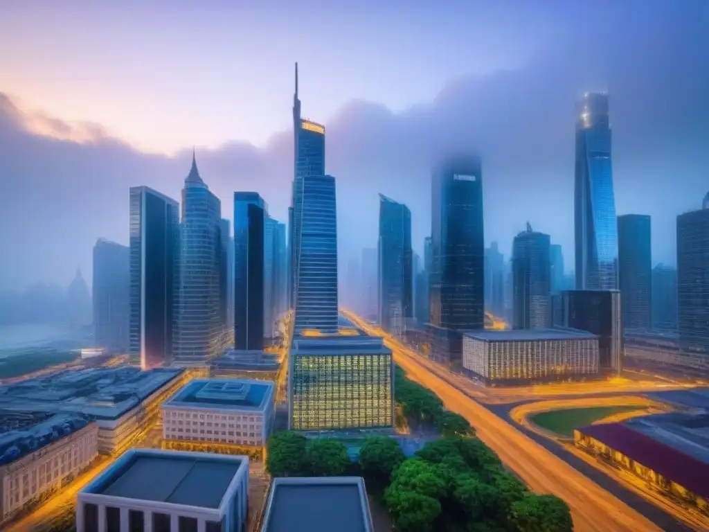 Horizonte urbano al anochecer: mercado inmobiliario vibrante y sofisticado Atardecer en la ciudad con rascacielos iluminados y profesionales