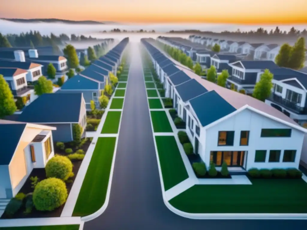 Barrio residencial moderno: casas contemporáneas y financiamiento FHA Atardecer dorado sobre barrio residencial moderno con casas contemporáneas y jardines elegantes