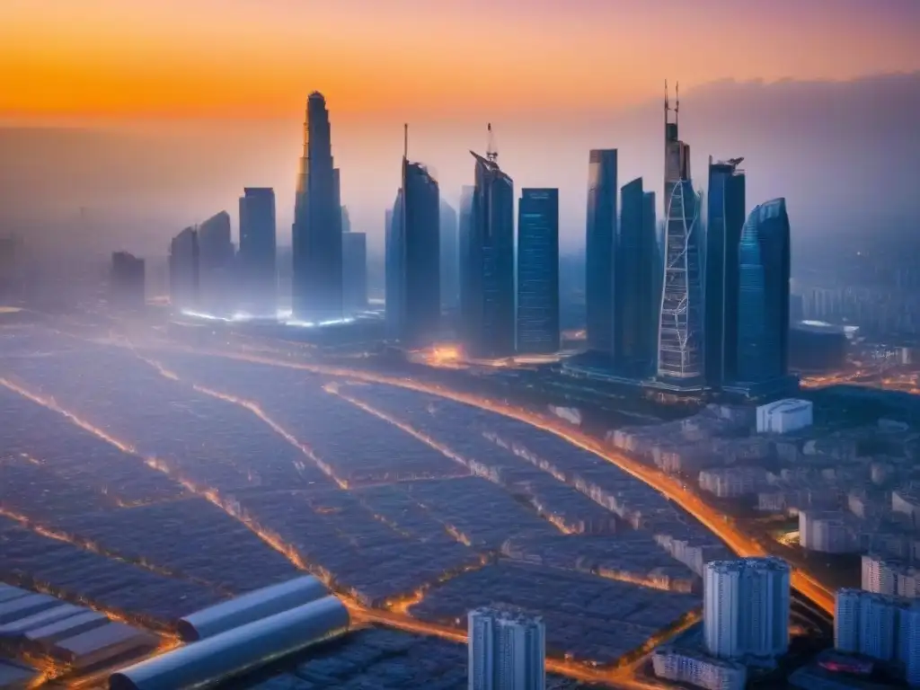 Oportunidades de inversión: Skyline urbano en desarrollo al atardecer Atardecer dorado sobre ciudad en crecimiento, ofrece beneficios inversores inmobiliarios países en desarrollo