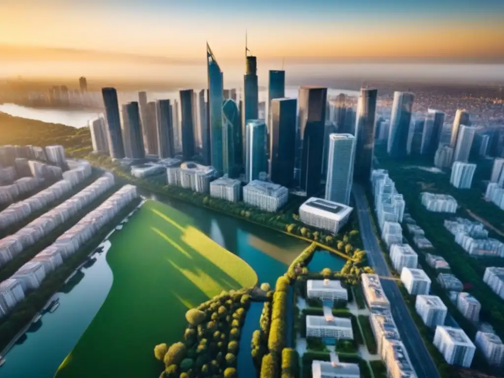 Horizonte urbano al atardecer: mercado inmobiliario vibrante Atardecer dorado en la ciudad, estrategias fiscales inversores extranjeros