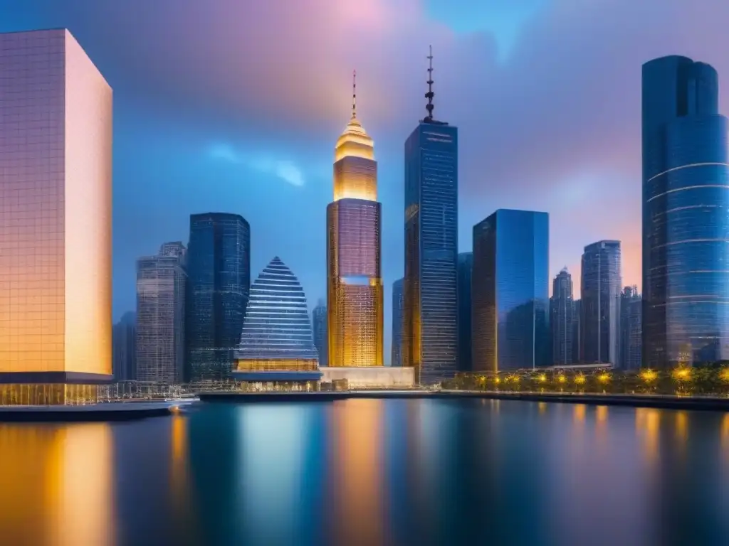 Horizonte urbano al atardecer: prosperidad financiera y tecnológica Atardecer dorado sobre la ciudad financiera, reflejando prosperidad y avance tecnológico, con normativa préstamos inmobiliarios local