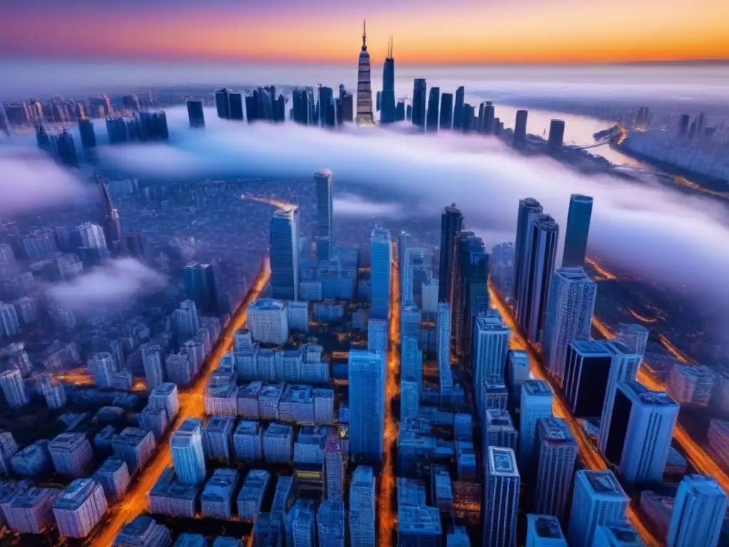 Horizonte urbano al atardecer: inversión en mercados emergentes Atardecer dorado en la ciudad, reflejos en rascacielos que fusionan lo moderno con lo histórico