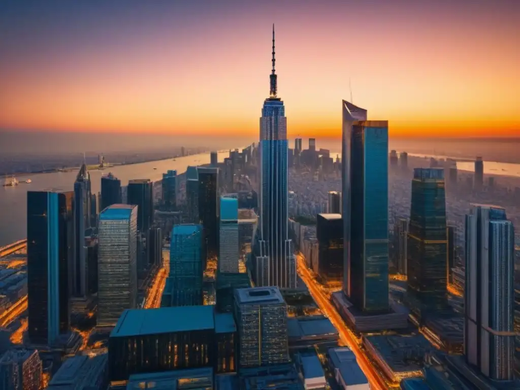 Cityscape global: atardecer dorado en metrópolis internacionales Atardecer dorado sobre ciudades globales en detallada imagen 8k, ideal para consultoría fiscal activos inmobiliarios internacionales