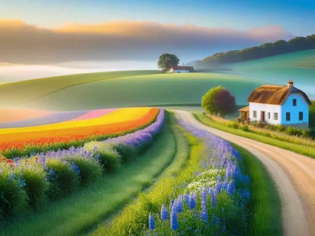 Tranquilo atardecer en casa de campo rodeada de naturaleza Atardecer idílico en una granja rural con campos verdes y flores silvestres