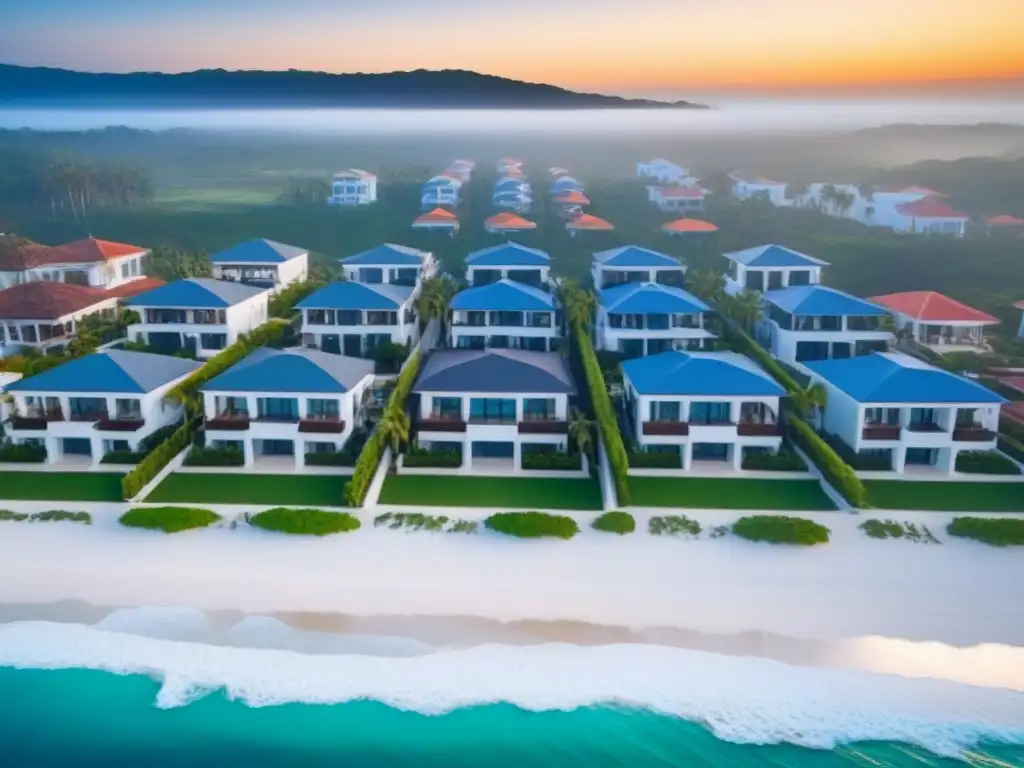 Villas de lujo en playa: atardecer en moderno pueblo costero Atardecer en lujoso pueblo costero con modernas villas frente al mar, reflejando el océano azul