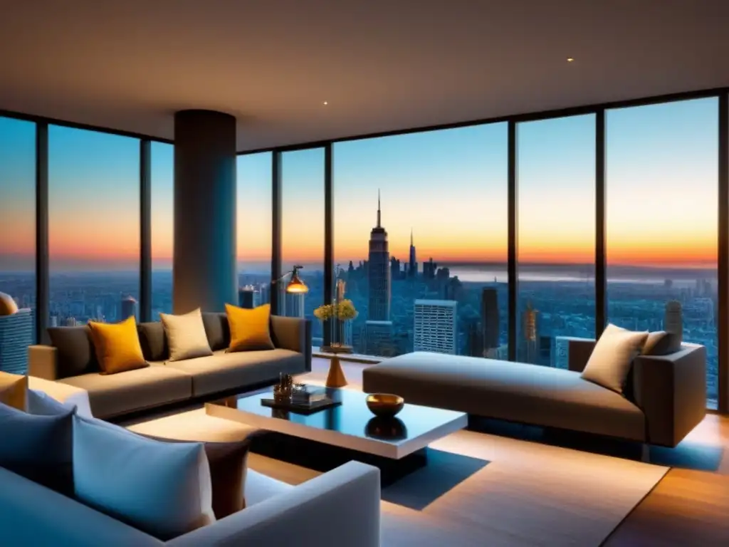 Sala de estar de lujo con vistas a la ciudad al atardecer Atardecer en lujoso salón con vista a la ciudad, revista de inversiones inmobiliarias en la mesa