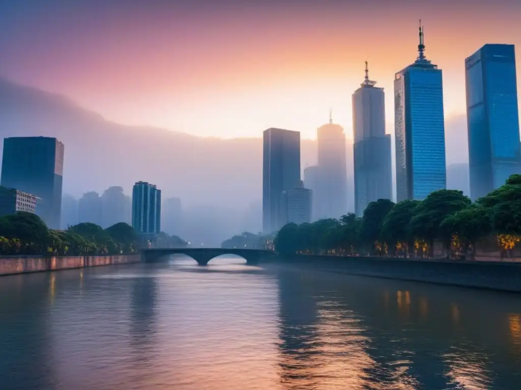 Horizonte urbano al atardecer: fusión de modernidad y naturaleza Atardecer vibrante en una ciudad bulliciosa con rascacielos iluminados, reflejándose en un río tranquilo