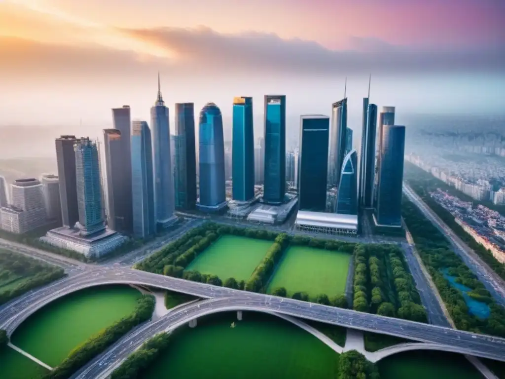 Vibrante ciudad moderna al atardecer: crecimiento urbano y conectividad Un atardecer vibrante en una ciudad bulliciosa con rascacielos modernos y parques verdes, reflejando la ética en financiamiento inmobiliario