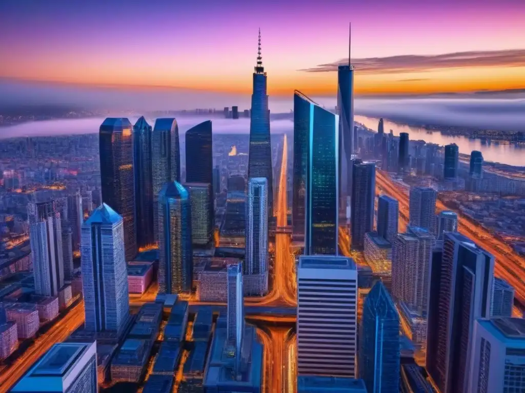 Skyline urbano en 8k: atardecer vibrante Un atardecer vibrante en la ciudad, reflejando el dinamismo entre política fiscal, mercado inmobiliario y desarrollo urbano