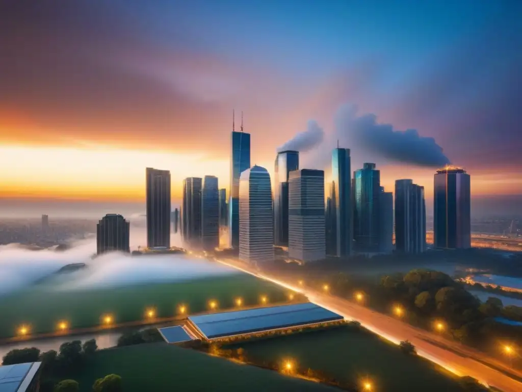 Skyline futurista: innovación y colaboración en ciudad vibrante 'Atardecer vibrante en la ciudad con rascacielos futuristas iluminados y profesionales debatiendo