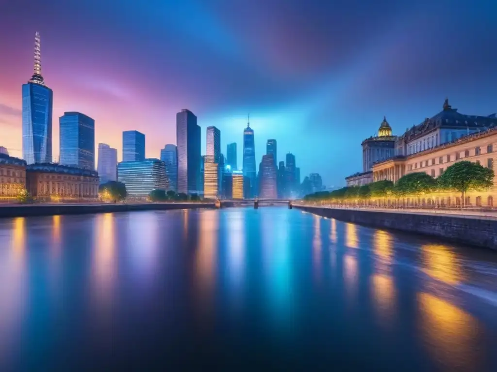Horizonte urbano vibrante: mezcla de historia y modernidad Atardecer en una vibrante ciudad: mezcla de rascacielos modernos y edificios históricos, reflejando luces de la ciudad en un río sereno
