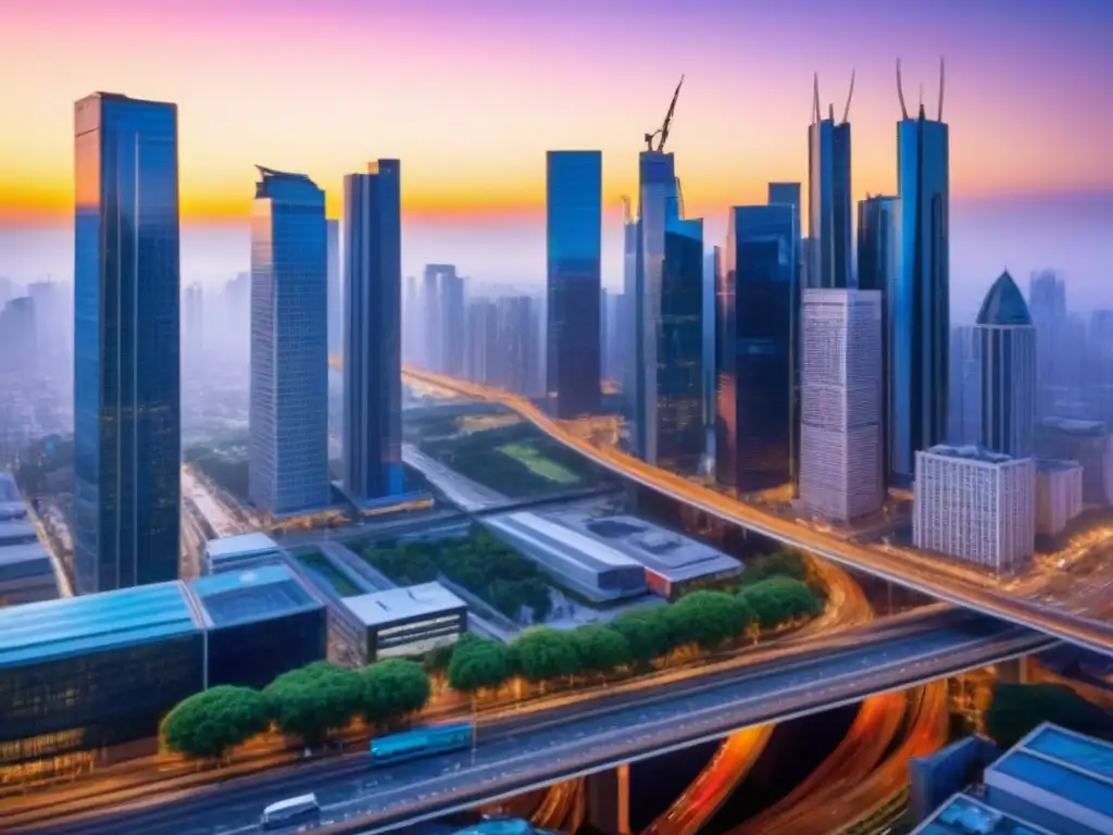 Horizonte urbano moderno bajo un vibrante atardecer Un atardecer vibrante ilumina rascacielos en una ciudad moderna, reflejando una economía próspera y la vida urbana interconectada