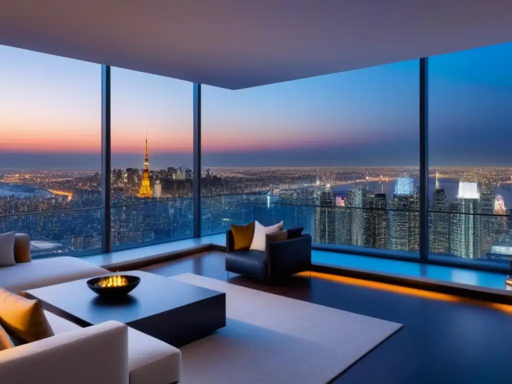 Penthouse de lujo con vista panorámica nocturna de la ciudad Ático de lujo en la ciudad de noche, con diseño moderno y elegante, ideal para financiamiento para bienes raíces de lujo