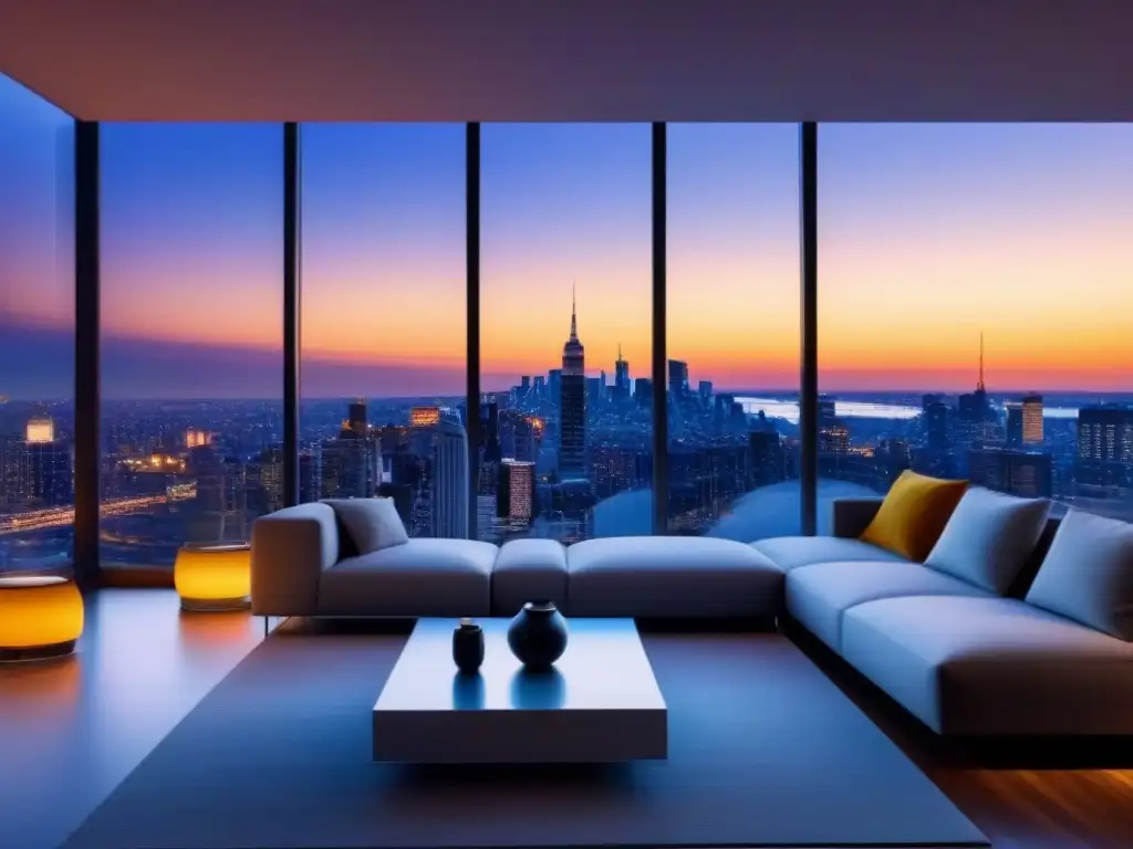 Penthouse moderno con vista panorámica de la ciudad al atardecer Ático de lujo moderno con vista a la ciudad al anochecer, diseño interior elegante y terraza espaciosa
