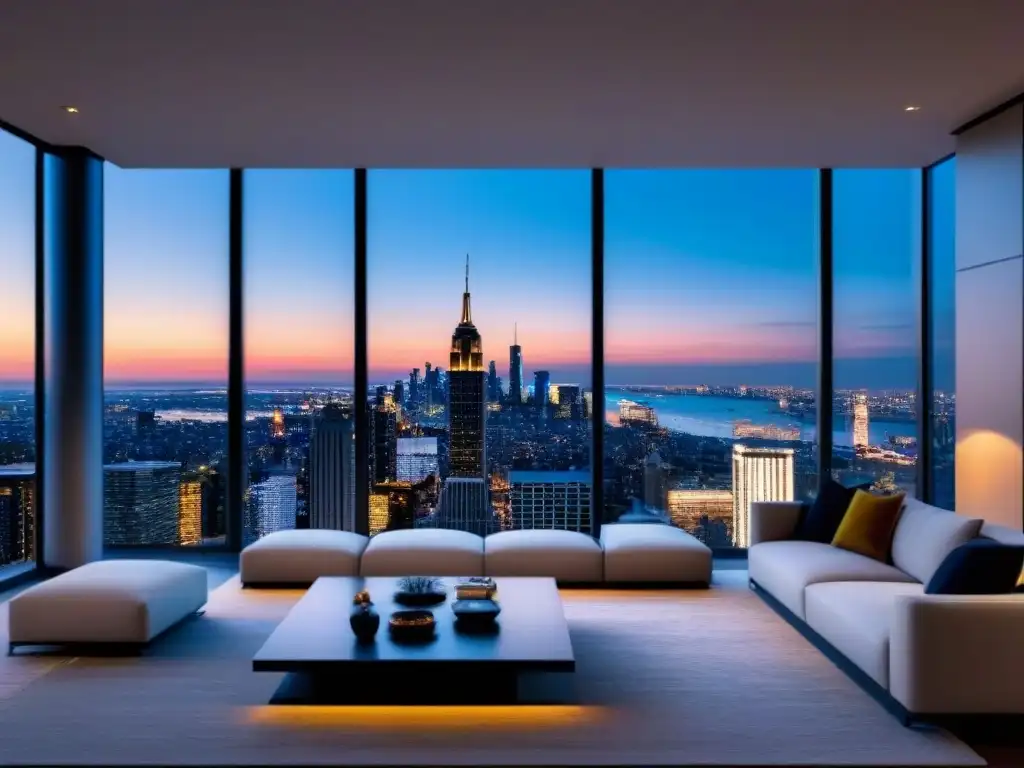 Penthouse de lujo con vista a la ciudad al atardecer Ático de lujo con vista a la ciudad al anochecer, diseño moderno y tecnología de vanguardia