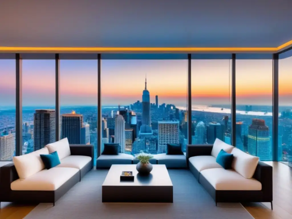 Ático de lujo con vista panorámica a la ciudad Ático de lujo con vista panorámica a la ciudad, decoración moderna y terraza amplia, representando la gestión fiscal de propiedades de lujo