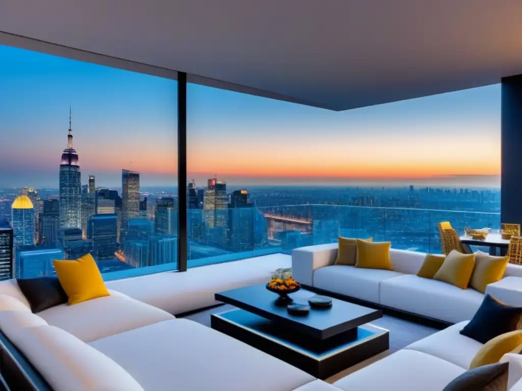 Penthouse de lujo con vista panorámica en la ciudad Ático de lujo con vistas a la ciudad, mobiliario contemporáneo, terraza y decoración elegante