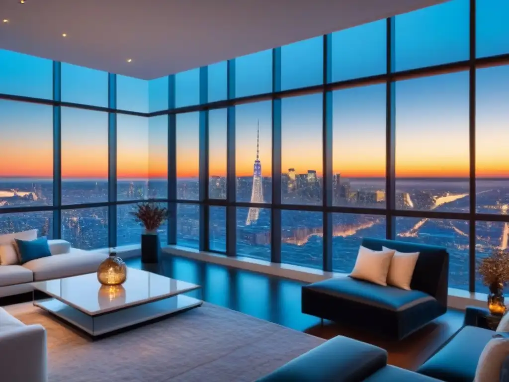 Penthouse de lujo con vistas a la ciudad al atardecer Ático moderno de lujo con vista a la ciudad al atardecer y diseño elegante, reflejando los beneficios fiscales del sector inmobiliario