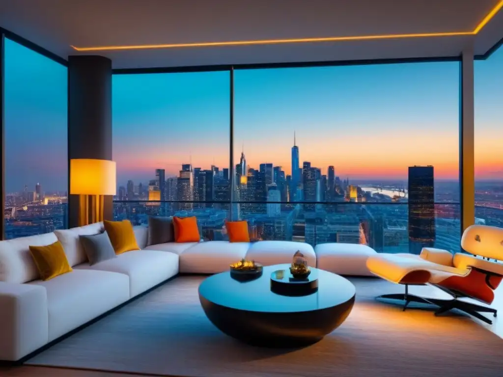 Penthouse de lujo con vistas a la ciudad: diseño sofisticado y exclusivo Ático moderno de lujo con vista a la ciudad, decoración elegante y arte contemporáneo