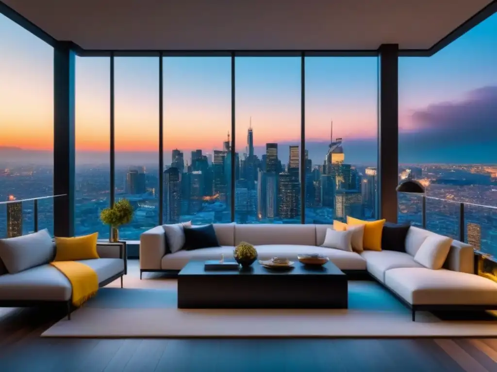 Penthouse de lujo con vista panorámica en la ciudad al atardecer Ático moderno de lujo con vista a la ciudad al atardecer: diseño elegante y espacios abiertos ideales para inversión en propiedades de alto valor