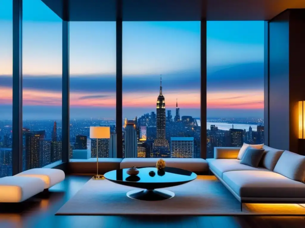 Penthouse de lujo con vistas a la ciudad al anochecer Ático moderno de lujo con vista a la ciudad al atardecer, privacidad en gestión propiedades lujo