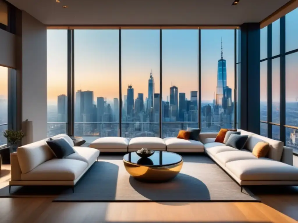 Penthouse moderno con vista panorámica a la ciudad Ático moderno de lujo con vista a la ciudad, diseño elegante y tecnología de vanguardia, ideal para el concepto de vida urbana de alta gama