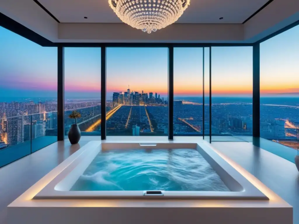 Penthouse de lujo con vistas a la ciudad al atardecer Ático moderno de lujo con vistas a la ciudad al atardecer, decoración contemporánea y tecnología de última generación