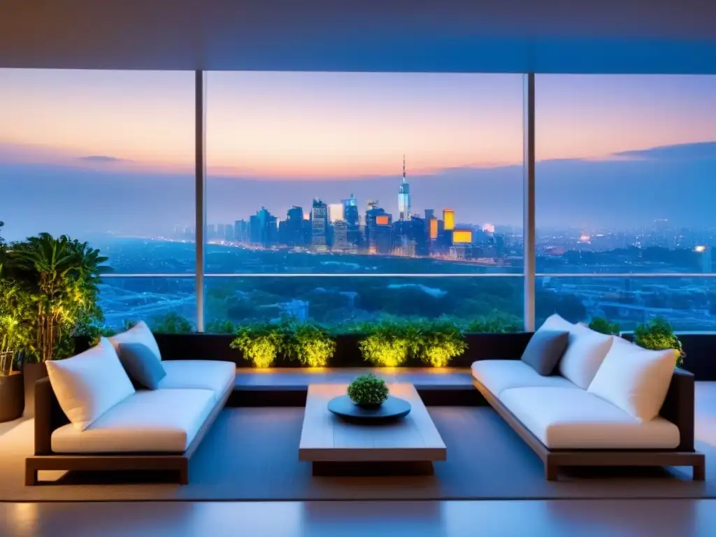 Penthouse de lujo con vistas panorámicas al anochecer Ático moderno de lujo con vistas a la ciudad al anochecer y terraza amplia, simbolizando las mejores opciones de inversión inmobiliaria