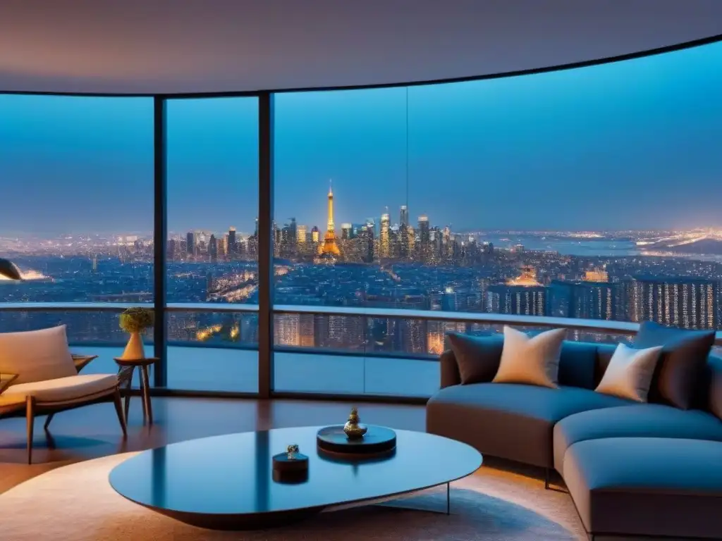 Penthouse moderno con vista panorámica de ciudad al anochecer Atmósfera exclusiva en penthouse moderno con vista panorámica de la ciudad al anochecer