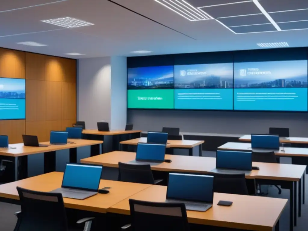 Una aula moderna y elegante en una institución financiera, con tecnología avanzada y estudiantes discutiendo datos en laptops
