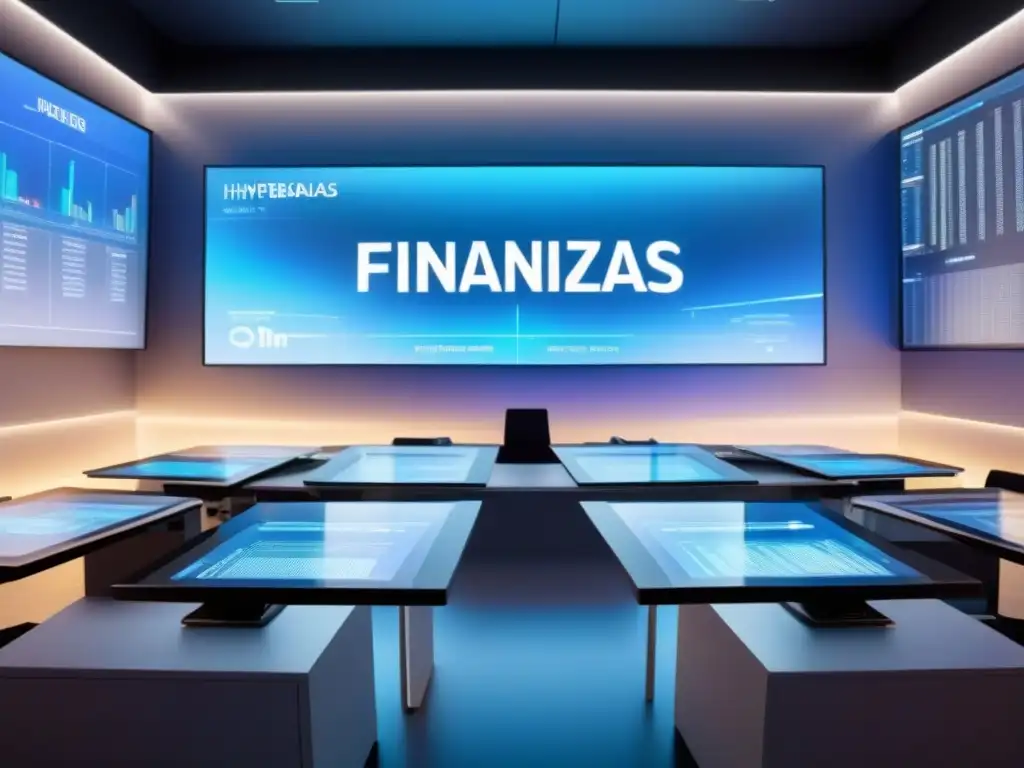 Clase futurista de Finanzas Inmobiliarias: Desks transparentes y hologramas Un aula moderna y futurista para blogs de finanzas inmobiliarias educativos, con tecnología avanzada y ambiente educativo