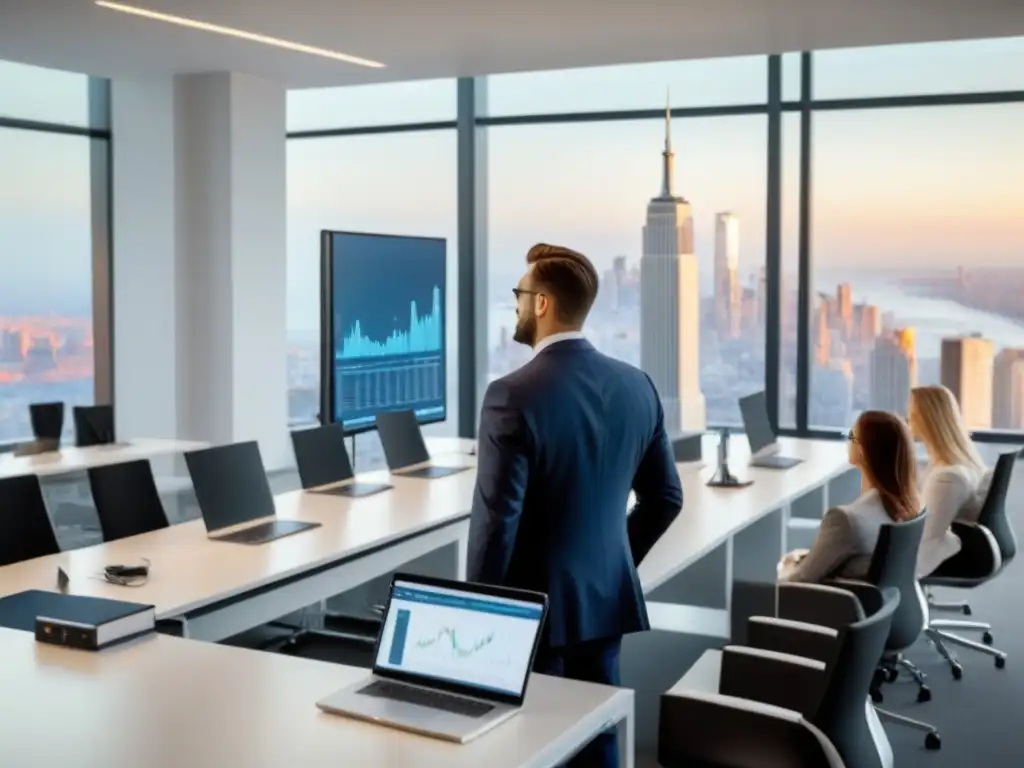 Clase de finanzas inmobiliarias de alta calidad Un aula moderna y lujosa con pantalla digital y gráficos financieros inmobiliarios