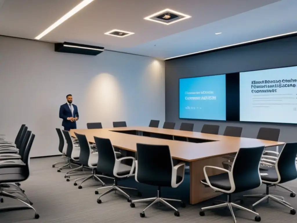 Salón de clases ultramoderno para curso de finanzas inmobiliarias avanzadas Un aula moderna y sofisticada para un curso avanzado de financiamiento inmobiliario