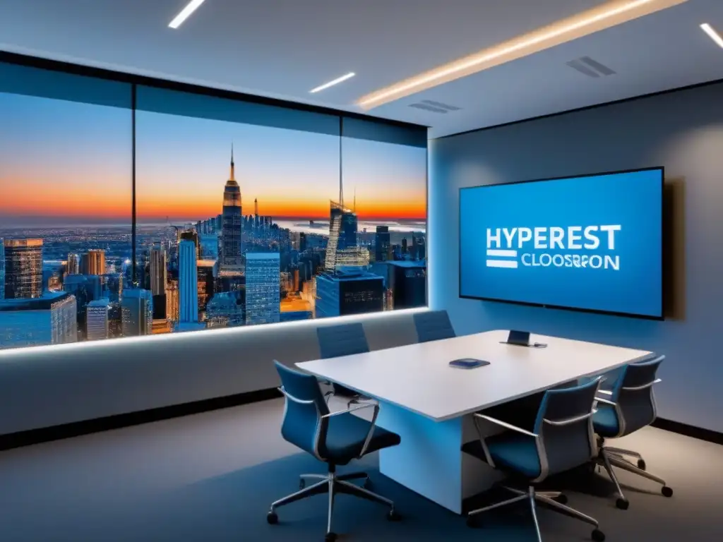 Clase virtual de finanzas inmobiliarias: modernidad y elegancia en 8k Un aula virtual moderna para cursos de finanzas inmobiliarias en línea, con tecnología de vanguardia y vista panorámica de una ciudad futurista