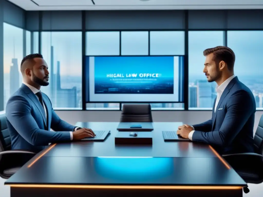 Oficina de abogados futurista con IA y hologramas Innovación en la automatización de procesos legales financiamiento inmobiliario en una oficina de abogados futurista