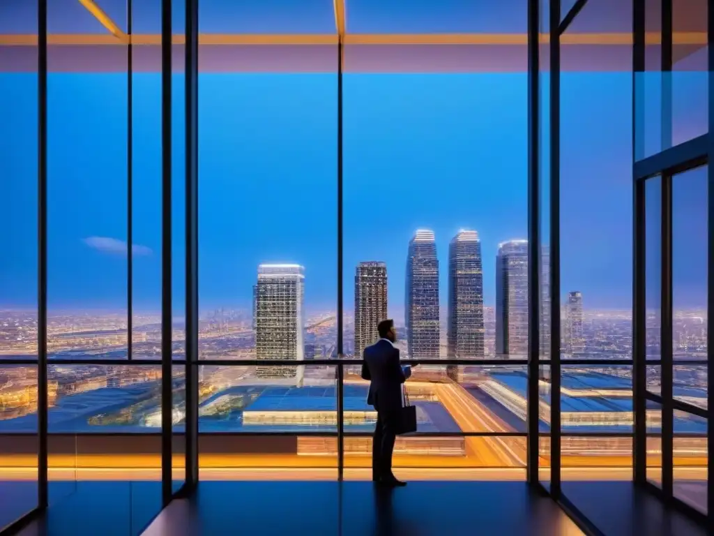Edificio comercial de cristal en la ciudad al atardecer Avalúos en financiamiento inmobiliario: Edificio moderno con ventanales de cristal reflejando una ciudad vibrante al atardecer