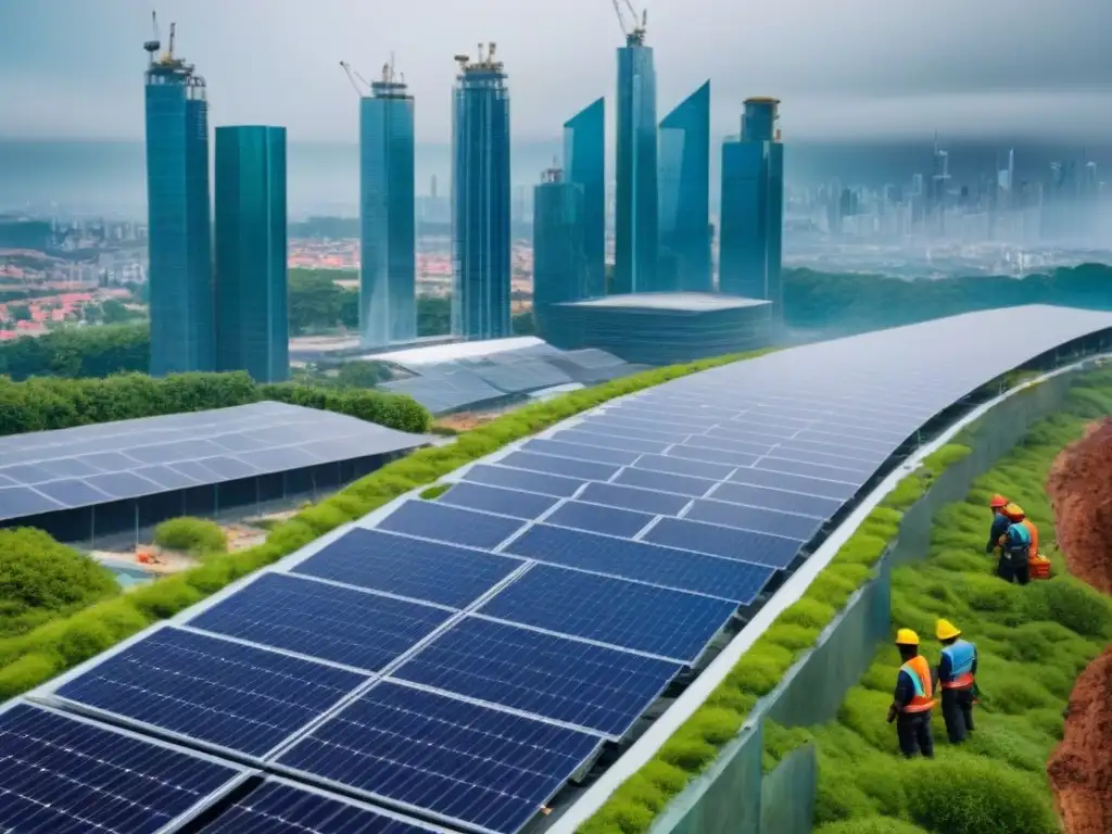 Construcción futurista ecoamigable en la ciudad Avance de obra con tecnología verde y trabajadores colaborando, simbolizando financiamiento proyectos construcción sostenible