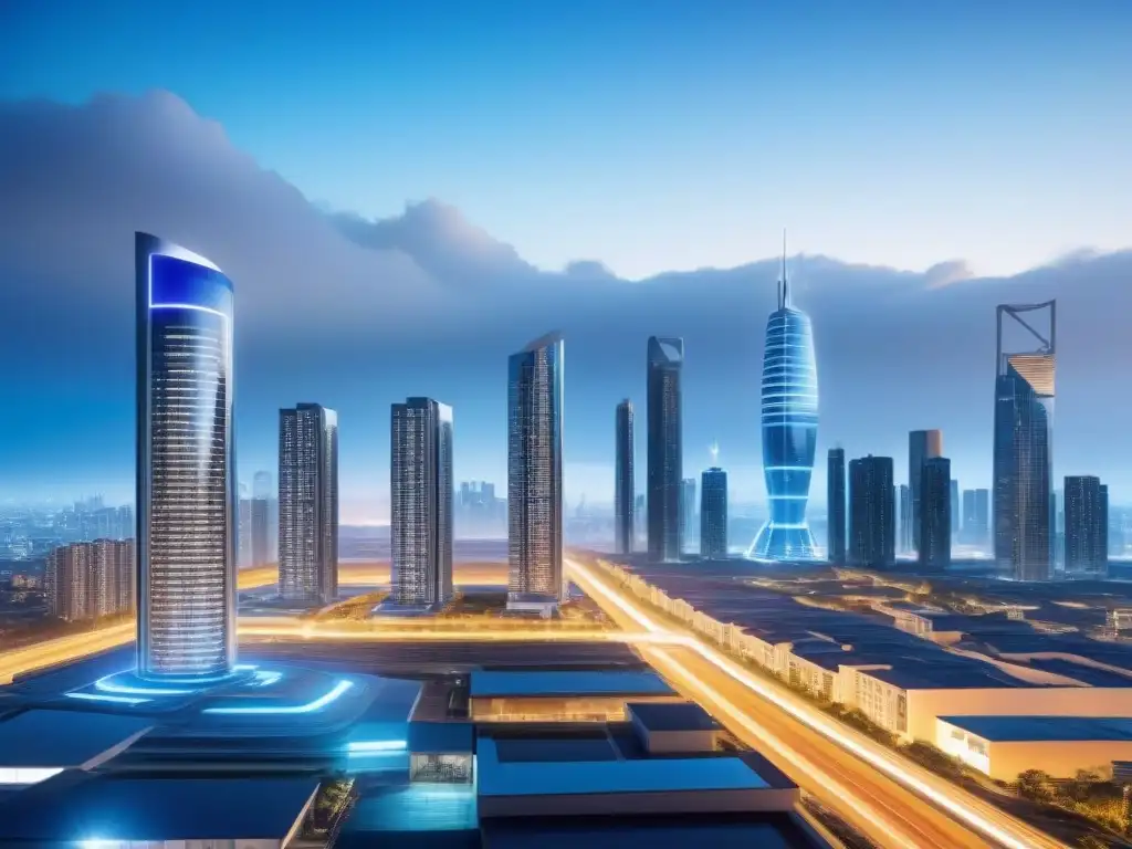Metrópolis Futurista: Integración AI en Bienes Raíces Avance urbano futurista con AI en préstamos, fusionando tecnología y tradición inmobiliaria
