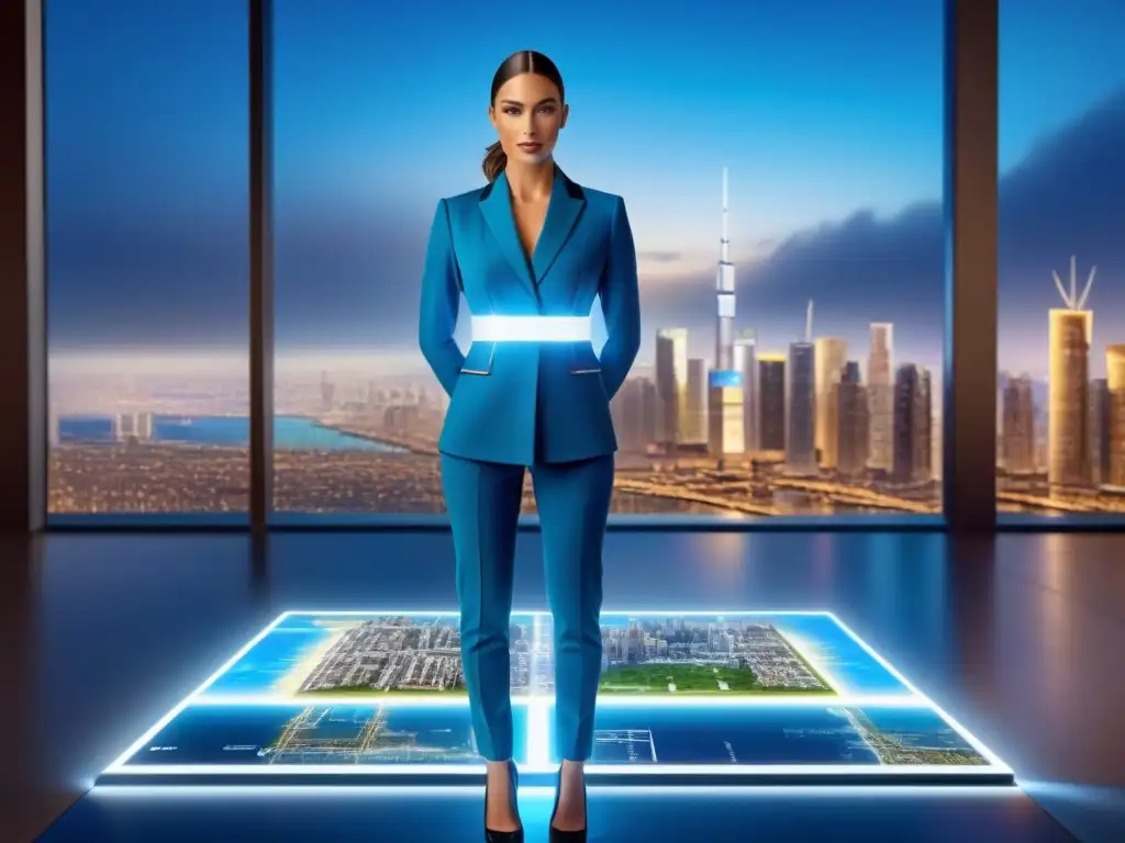 Dispositivo futurista para agentes inmobiliarios: holograma 3D de lujo Avanzada tecnología wearables para agentes inmobiliarios con holograma 3D de planos de propiedades de lujo en ciudad moderna