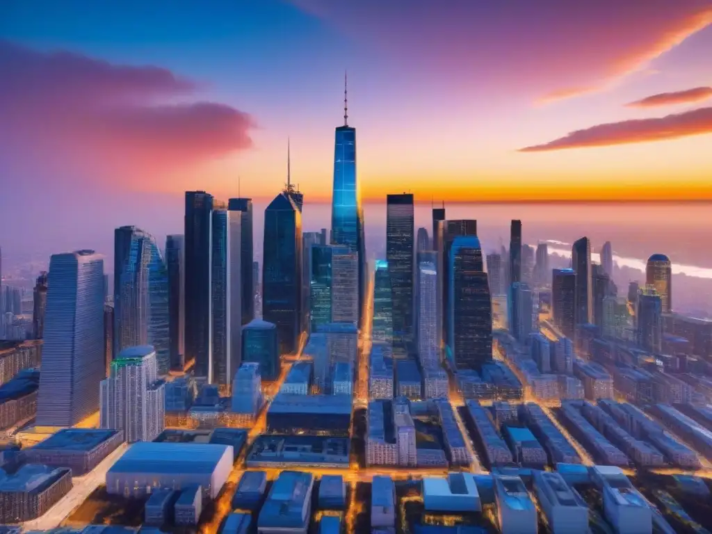 Innovación inmobiliaria: ciudad futurista con tecnología de vanguardia Avanzada ciudad futurista con certificaciones bienes raíces, tecnología y arquitectura sostenible al atardecer
