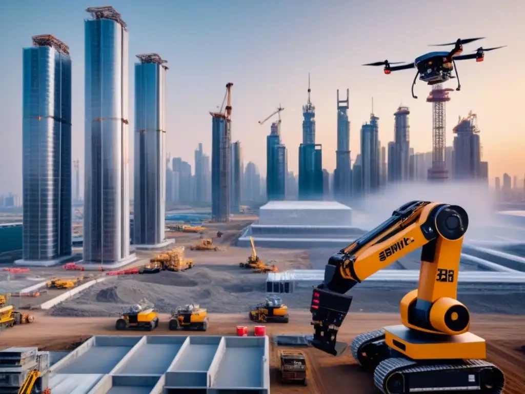 Construcción futurista: robots y humanos trabajan juntos Avanzada robótica en construcción de bienes raíces: robots y humanos trabajan juntos en un sitio futurista de construcción de rascacielos